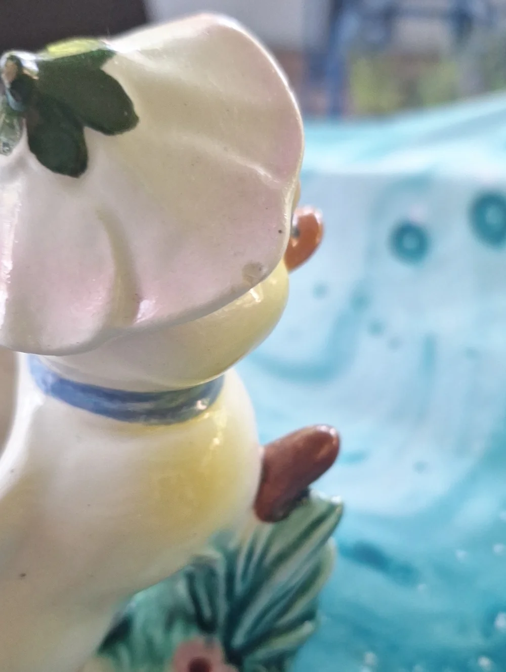 Vintage Yellow Ceramic Duck Planter with Blue Bow Planter/Vase